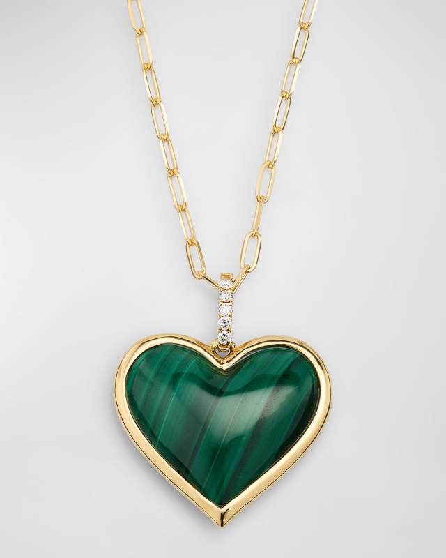 18K Yellow Gold Small Luna Malachite Heart Pendant Necklace with Diamond Bale